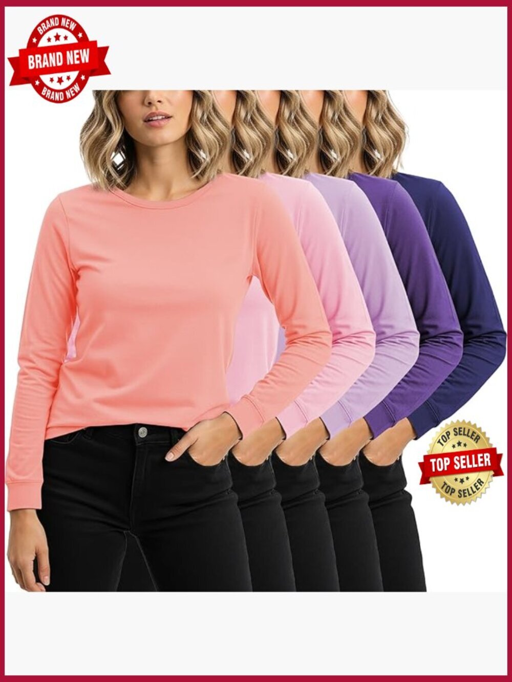 Womens Cotton Spandex Athletic Long Sleeve T-Shirt 5 Pack